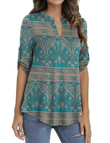 GingDin Womens Tops 3/4 Sleeve Plus Size Floral Print V Neck Blouses & Shirts Size Large/1X-Large/2X-Large/3X-Large/4X-Large