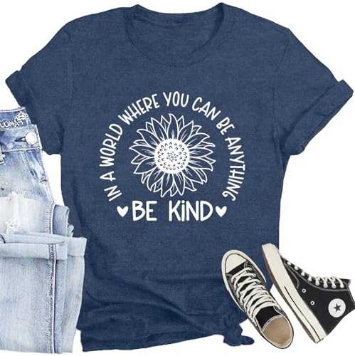 CQF Be Kind Shirt for Women Flower Letter Print Tee Tops Casual Inspirational Kindness T-Shirt