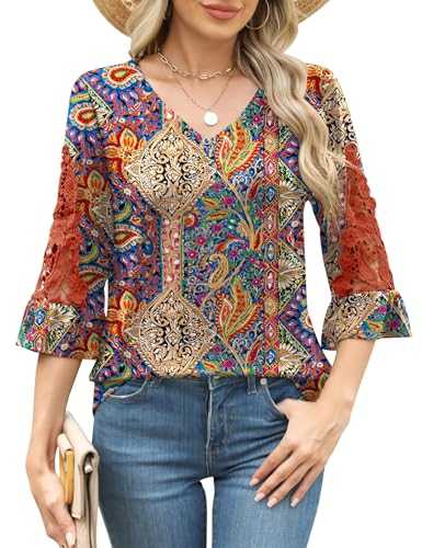 iWoo Womens Blouses 3/4 Length Sleeve Casual Tunic Tops Summer Dressy Fashion V Neck T Shirts Lace Ruffles Sleeve Blouse