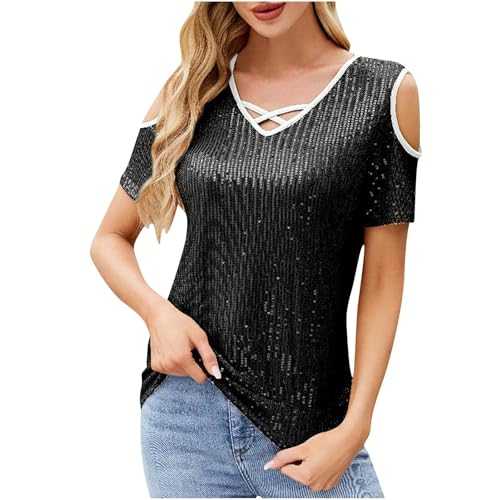 Zeiayuas Womens Sequin Tops UK Sale Clearance Cross V-Neck Cold Shoulder Top Ladies Going Out Tops Glitter Evening Top Tunic Sparkle Short Sleeve Dressy Blouse for Club Party