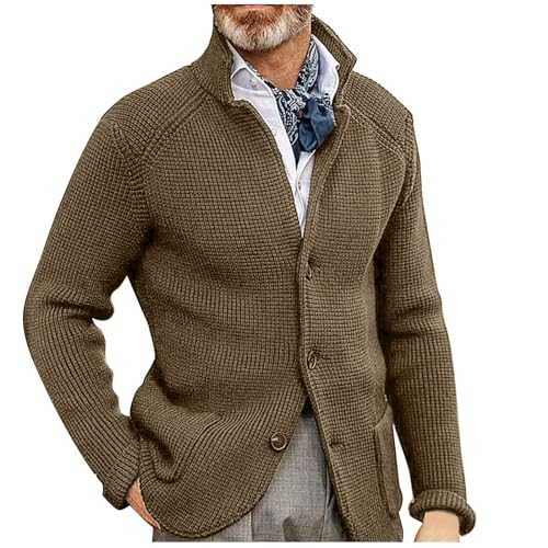 HAOLEI Men Cardigan Sweaters UK Clearance Slim Stand Collar Jacquard Sweater Thick Warm Long Sleeve Slim Casual Jacket Coat Chunky Cable Knit V Neck Knitwear Outerwear Size 8-18