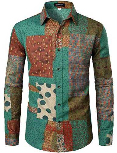 LucMatton Men's Linen Stylish African Traditional Pattern Printed Long Sleeve Button up Shirt