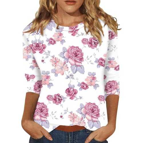 IUYTYSER 3/4 Sleeve Autumn Tops Printed Crewneck Soft Basic Comfort Ladies Blouse T Shirts Casual Loose Fit Classic Underwear Trendy Elegance Household Simple Tunic Tees Shirts