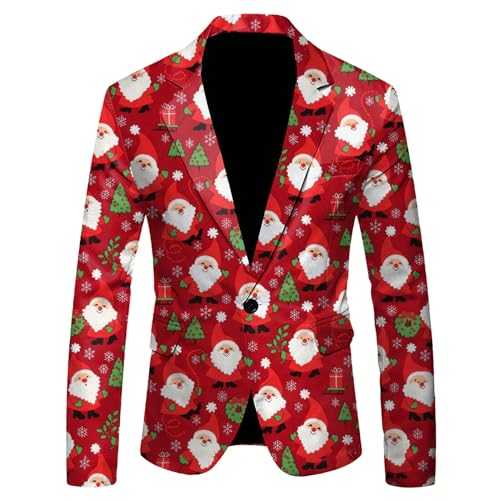 Men's Christmas Suit Jackets Xmas Snowflake Santa Printed Pocket Lapel Button Suit for Party Single Braested Blazers Pattern Lightweight Pocket Suit Classic Blazers for Men