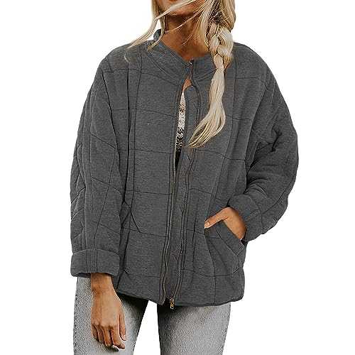 Exhloag Womens Fleece Jacket Stand Collar Zipper Long Sleeve Casual Warm Jacket Womens Zip up Fleece Overcoat Lightweight Warm Coat with Pocket Mid-Length Plain Quilted Pullover Loose Tops