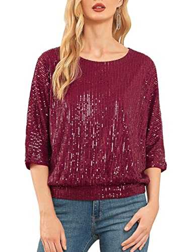 kayamiya Women's Sequin Top Sparkly 3/4 Batwing Sleeve Party Shirts Dressy Glitter Loose Cold Shoulder Tunic Tops Blouses