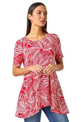 Roman Originals Textured Fan Print Stretch Hanky Hem Top for Women UK - Ladies Everyday Holiday Spring Summer Round Neckline Comfy Soft Evening Vacation Work Party