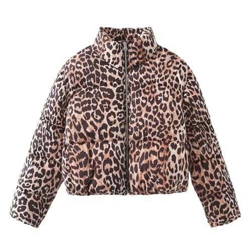 Women's Leopard Down Coats Winter Warm Padded Puffer Jackets Thicken Quilted Coat Ladies Lightweight Waterproof Jackets Long Sleeve Outwear for Outdoor Hiking