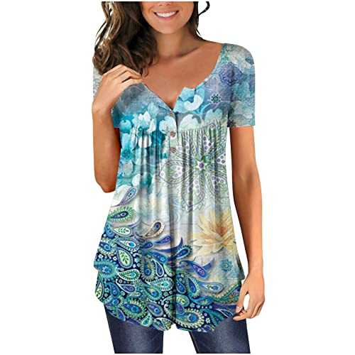 Summer Tops for Women UK Sale Clearance Ladies Henley Shirts Button up Tunic Tops Casual Short Sleeve T-Shirts 2023 Spring Fashion V-Neck Floral Printe Summer Blouse