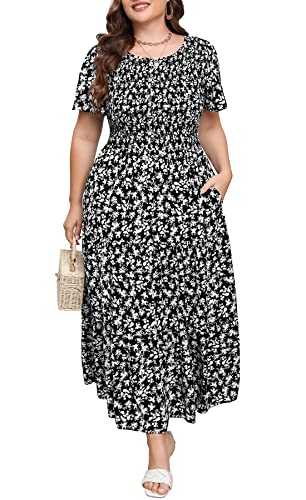 Younrui Women's Plus Size Smocked Tiered Maxi Dress with Pockets Elegant Short Sleeve Scoop Neck Floral Bohemian Dress