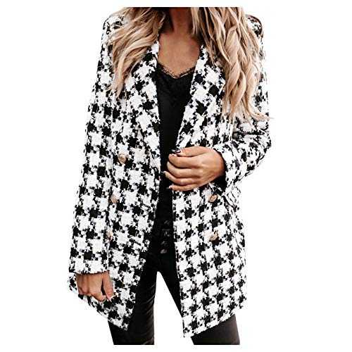 IQYU Checked Jacket Women's Winter Suit Jacket Women's Elegant Long Sleeve Blazer Lapel Double Breasted Houndstooth Jacket Slim Fit Coat Jacket Short Jacket Short Blazer Jacket Business Office Suit