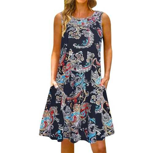 Women's Floral Camouflage Print Spring and Loose Round Neck Suspender Sleeveless Vest Pocket Dress Casual Summer Clothes for Women Xmas Party Dresses UK Long Sleeve