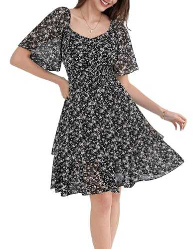 GRACE KARIN Women's Floral Short Sleeve Dresses with Elastic Waist Flowers Pleated Short Sleeve Square Neck Dress