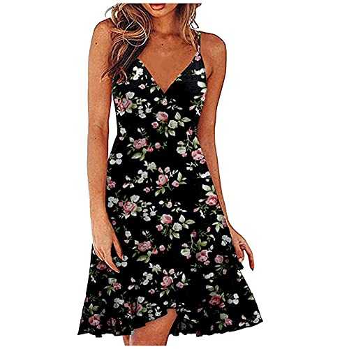 AMhomely Women Dresses Sale,Ladies Summer V Neck Dress Spaghetti Strap Sleeveless Casual Beach Midi Dress UK Size Party Elgant Dresses Clearance Work Dress Office Dressing