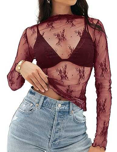 MEROKEETY Womens Mesh Sheer Long Sleeve Layering Top Mock Neck Lace Floral See Through Shirt Tops