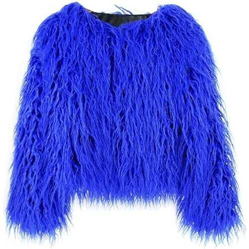 Womens Winter Fluffy Faux Fur Coat Solid Color Shaggy Plush Tassels Outwear Collarless Long Sleeved Furry Jacket