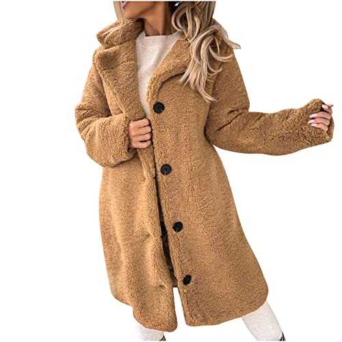 Fur Coat for Women UK Fleece Sherpa Long Jacket Warm Winter Fluffy Teddy Coats Thermal Plush Outwear Loose Oversized Cardigan Casual Plain Button Open Front Loungewear Mid Length Overcoat Ladies