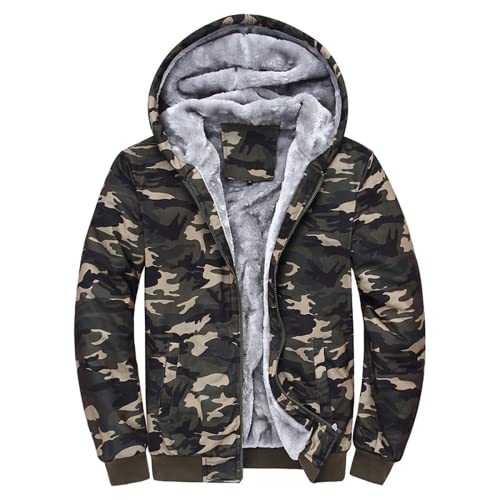 TANGLI Men's Pullover Thermal Sherpa Lined Jumper Jackets Winter Workout Fleece Hoodie Full Zip Wool Warm Thick Coats Outerwear Hooded Full Zip Top Hoodie Military Combat Army Camo Fleece Jacket