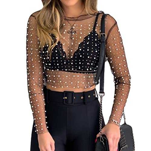 Women's Rhinestone Sheer See Through Long Sleeve Crop Tops Blouse Glittery T Shirt Clubwear