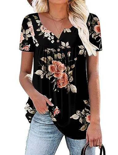 KISSMODA Ladies Pleated Tunic Tops for Women Buttons up Long Sleeve Shirts Floral Print