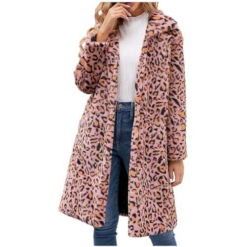 AMhomely Ladies Womens Winter Fluffy Coat Faux Fur Jacket Vintage Faux Fur Leopard Print Mid-Length Parka Coat Outwear Long Sleeve Overcoat Loose Lapel Shaggy Cardigan Plus Size Faux Fur Jacket