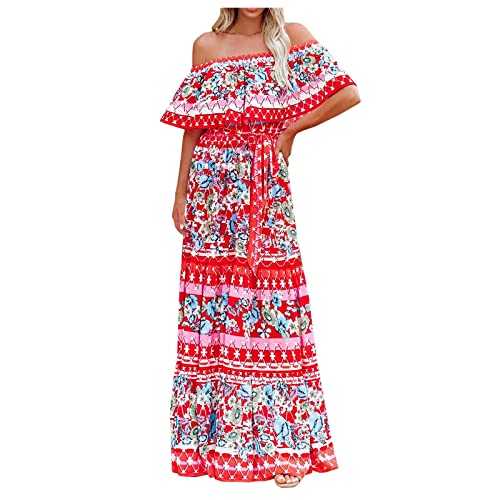 Dresses for Women UK Clearance Bohemian Maxi Long Dresses Strapless Bandeau Summer Boho Floral Print Elasticity Tube Tops Casual Sexy Off Shoulder Short Sleeve Holiday Beach Party Maxi Sundresses