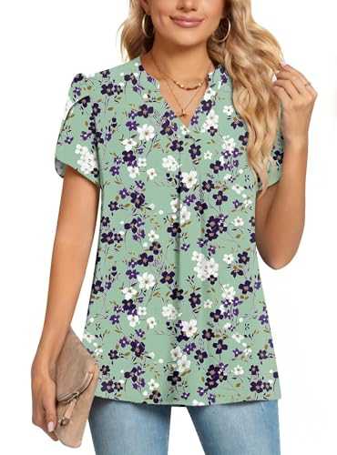POPYOUNG Womens Summer Casual Chiffon Petal Sleeves Office Blouses V Neck Business Tops Work Shirts