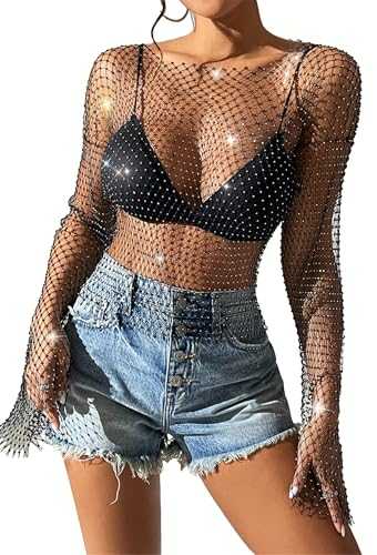 FEOYA Women Fishnet Diamond Vest Glitter Tops Sexy Mesh Shirts for Women Long Sleeves Hollow Out Outfits for Club