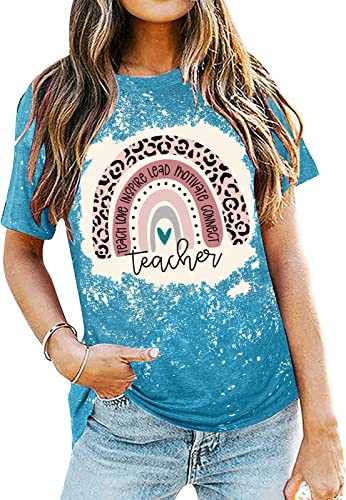 Teacher Shirt for Women Teach Rainbow Leopard Graphic Tee Tops Teachers Gift Teach Inspire T Shirt