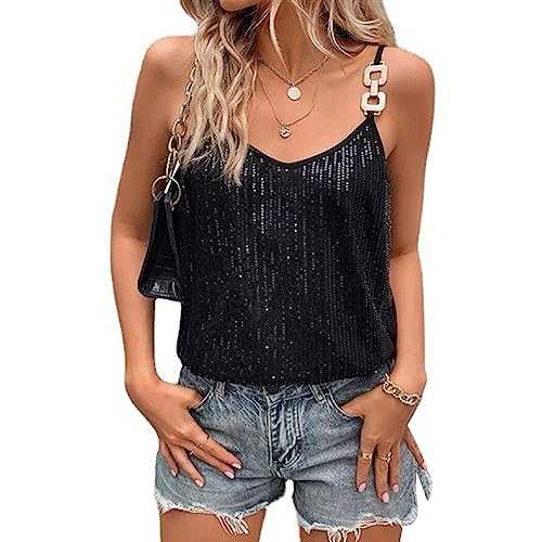 Achlibe Women Sequin Vest Top Plus Size V Neck Sparkle Tank Top Glitter Cami Crop Top Going Out Tops Party Rave Outfit