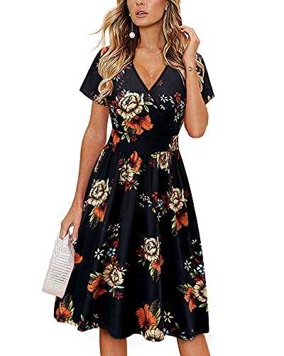 VOTEPRETTY Women's Short Sleeve V Neck Wrap Summer Dress Midi Casual Floral Sundress with Pockets