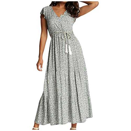 AMhomely Summer Dresses for Women UK Clearance Party Elegant Bohemian V-Neck Loose Short Sleeve Print Ankle Length Dress+Belt Ladies Maxi Dresses Plus Size Petite Sexy Dress UK Size