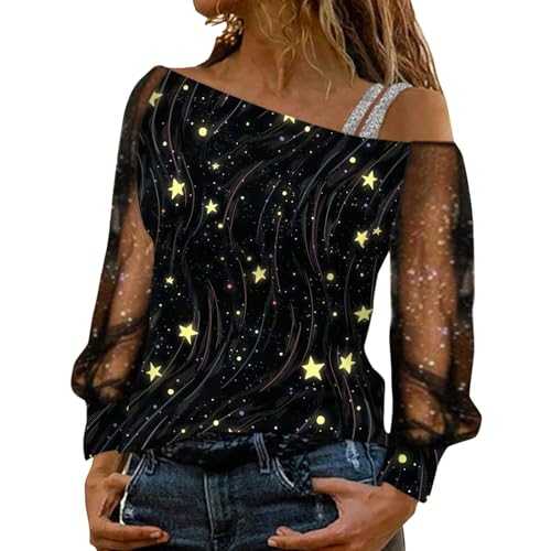 Elegant Off Shoulder Sequin Tops for Women UK - Long Mesh Sleeve Sparkly Tunics, Glittery Tops, Glitter Pullover, Sparkly Sequin Shirts, Shining Glitter Blouses for Parties,