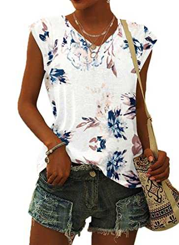 WNEEDU Women's Cap Sleeve T-Shirt Summer Tank Top Plain Casual Loose Fit Blouses