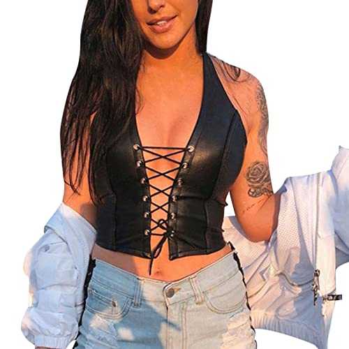 Women Sexy PU Leather Lace Up Halter Crop Tank Tops Backless Camisole Vest for Casual Party Club