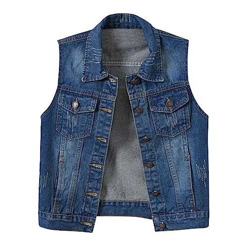 RUIRUILICO Casual Oversize for Women UK Buttoned Distressed Washed Denim Vest Sleeveless Jean Jacket Casual Denim Waistcoat with Pockets