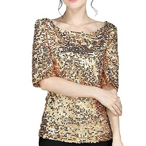 CHAOEN Womens Glitter T Shirts Beautiful Shiny Sequins Short Sleeve Tops Tshirt Ladies Elegant Festive Blouse Fashion Evening Party Wedding Glitter Top Blouse Tunic