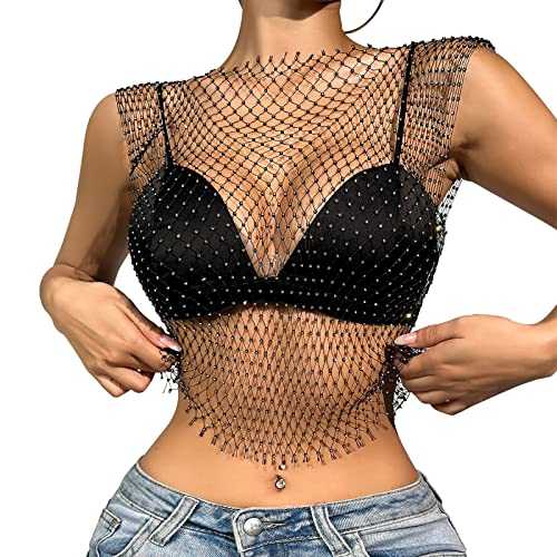 Women's Sleeveless Rhinestone Rave Top Diamond Mesh See Through Clubwear Sparkly Party Costume Lingerie Bodysuit Short Underwear (L, Black)