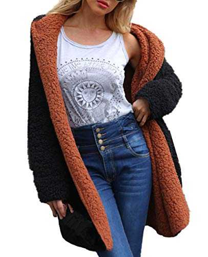 Lazzboy Womens Coat Parka Jacket Warm Faux Fur Lambs Wool Fluffy Hooded Contrast Colour Double Sided Outerwear Oversized Plus Size,UK Size