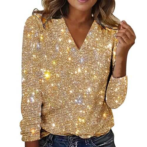 Buetory Womens Trendy Print Tops V Neck Dressy Novelty Graphic Evening Party Night Club Cocktail Blouse 2024 Outdoor Holiday Chrsitmas Sequence T-Shirts