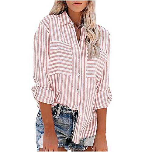 Striped Blouse for Women UK Sale Black and White Button Down Shirts Loose Fit Roll Up Long Sleeve Top V Neck Casual Summer Tee Tunic Blouses Ladies Top for Work Office Size 8-16