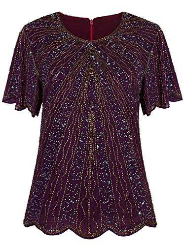 VIJIV Womens Vijiv 1920S Vintage Beaded Evening Top Art Deco Scalloped Hem Sequin Embellished Blouse Tunic