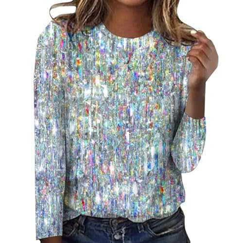 Cocila Women's Sparkly Sequin Long Sleeve Asymmetrical Festival Party Top Size 25 White