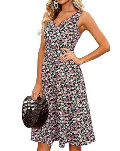 II ININ Women's Summer V Neck Sleeveless Casual Button Down Tank Dress Midi Floral Beach Party Sundress with Pockets