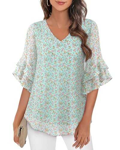 VALOLIA Womens V Neck Ruffle 3/4 Tiered Bell Sleeve Double-Layere Chiffon Blouses Casual Shirts Loose Dressy Tops