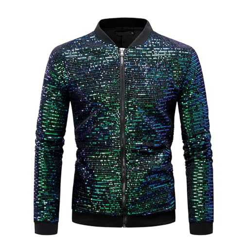 Men's Sequins Bomber Jacket UK Sale Clearance Shiny Sparkly Glitter Jackets Long Sleeve Zip Up Tops 70s Disco Party Costume Slim Fit Casual Outerwear for Club Rock Hip Hop S-XXL