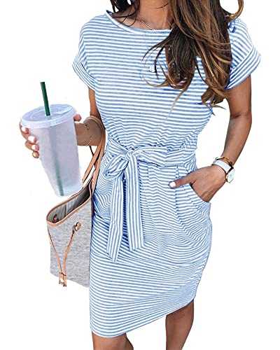 Jaksenr Dresses for Women UK Crew Neck Short Sleeve Summer Dress Casual Knee Length Knit Womens Dresses Solid/Stripes Midi Ladies Dresses with Pockets and Belted.