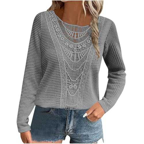 Women's Lace Long Sleeve Sale Cotton Tops for Women UK Clearance Waffle Knit Jumper Hollow Out Crewneck Pullover Casual Loose Blouses T-Shirts Ladies Tunic Top Plain Spring Fall Pattern Tee Shirts