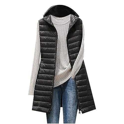 Mrat Hooded Gilets for Women UK Sleeveless Down Jacket Mid Length Gilet Ladies Warm Plain Waistcoat Winter Cotton Padded Vest Zip Up Sleeveless Overcoat Thermal Bodywarmer Work Office Clearance