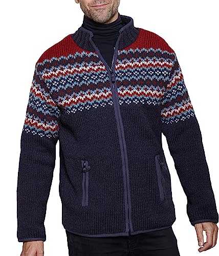 Pachamama Men Wool Zipped Jacket Fleece Lined Handknitted Fair Isle Charcoal Red Handmade Extra Warm Coat Fair Trade
